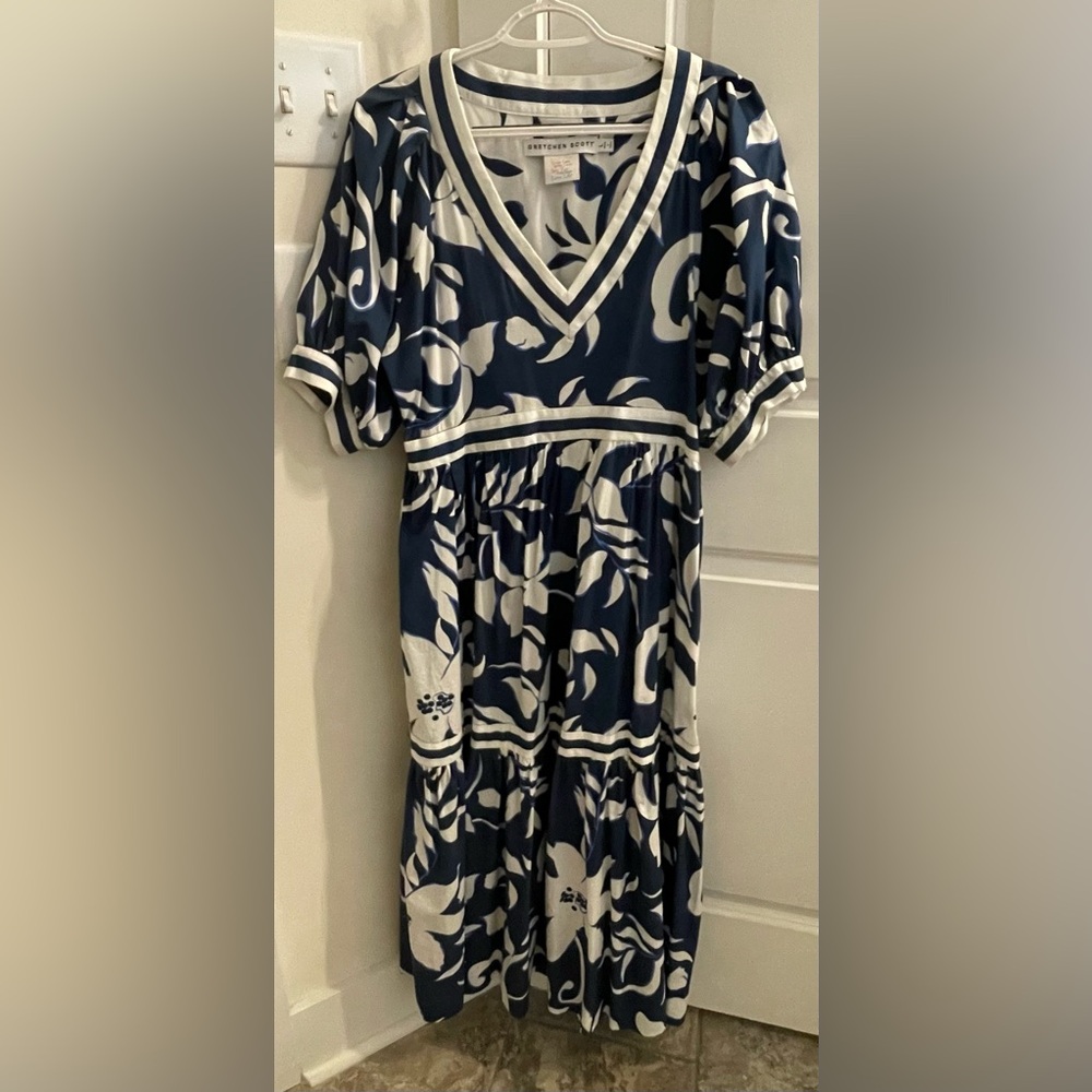 Gretchen Scott Blue & White Floral Tiered Midi Dress